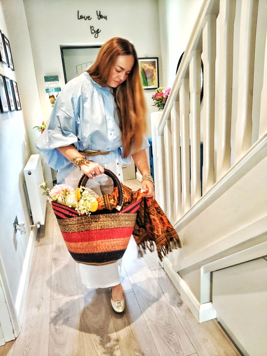 THE AFRICAN HOME GOODS Large U-Shopper - Ghana Beach Tote Bag/Basket - Red & Black
