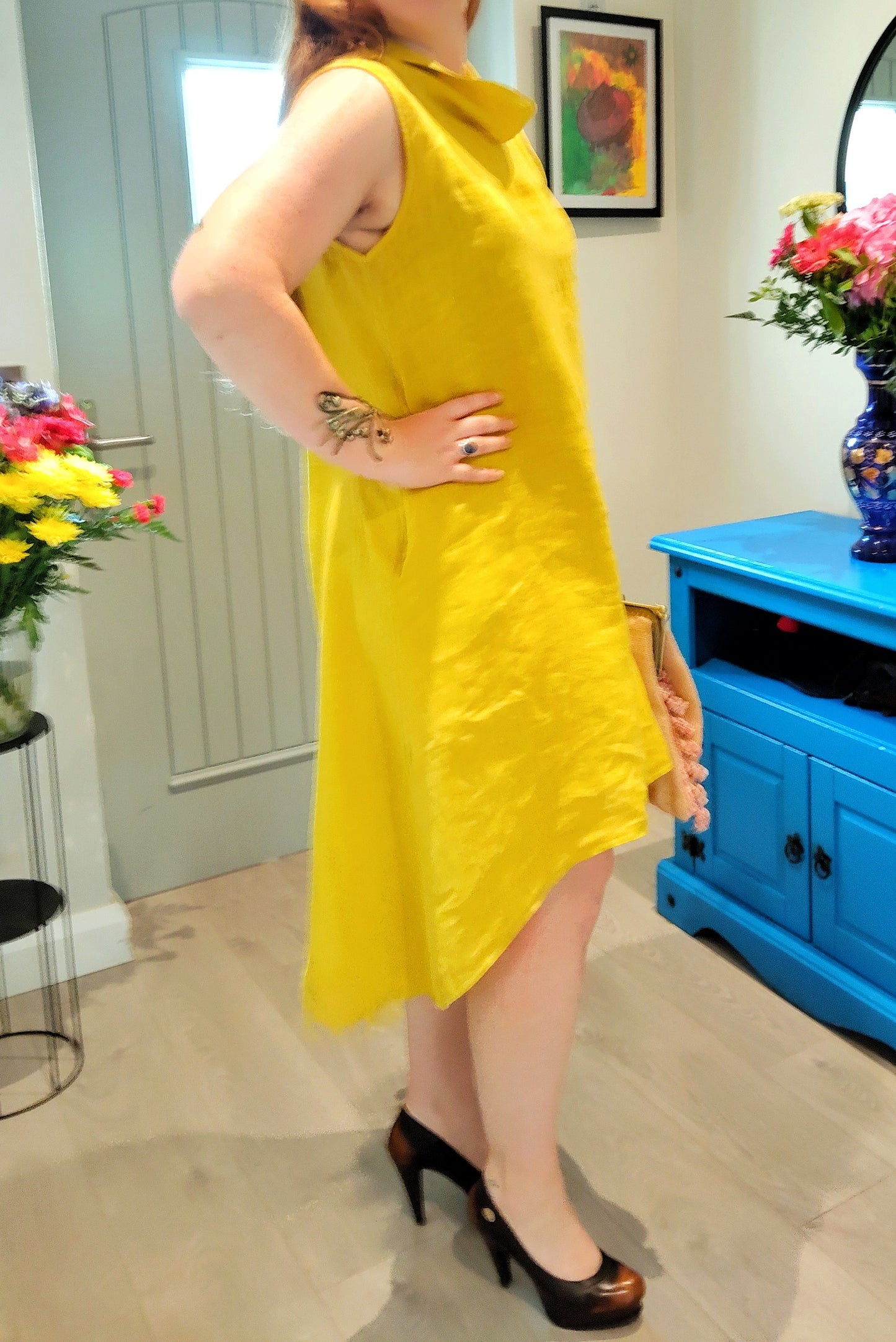 CECILE WANG 100% Linen Short Sleeveless Garden Party Dress; Colour ;MUSTARD / Yellow