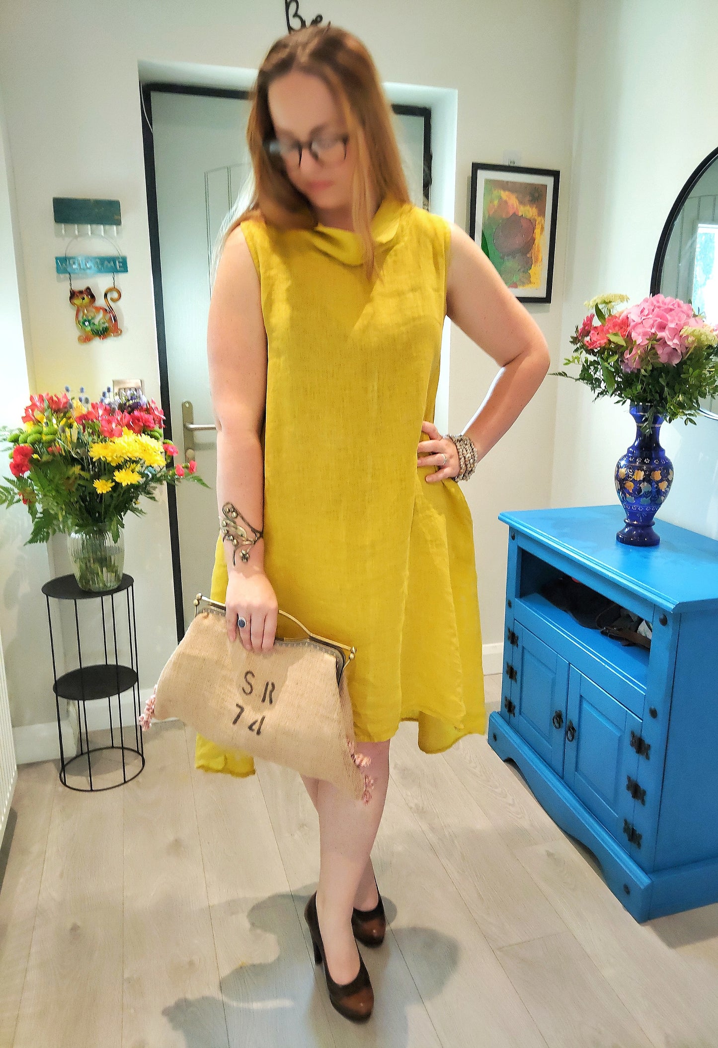 CECILE WANG 100% Linen Short Sleeveless Garden Party Dress; Colour ; Green