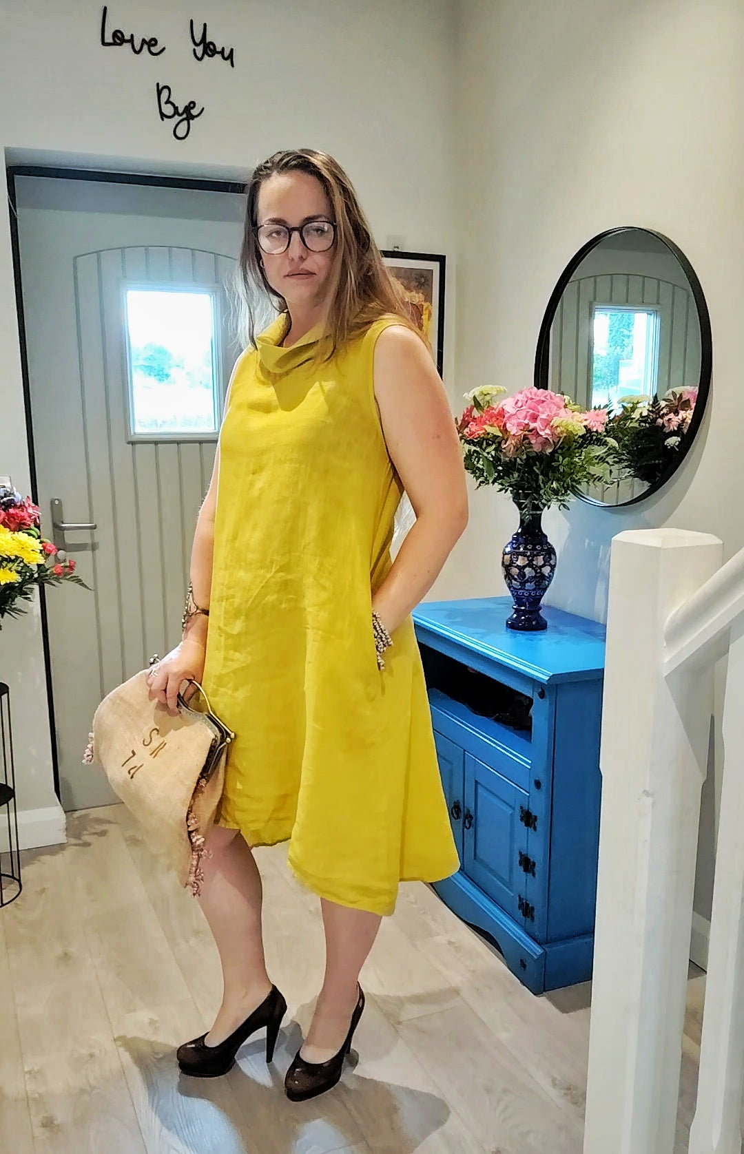 CECILE WANG 100% Linen Short Sleeveless Garden Party Dress; Colour ;MUSTARD / Yellow
