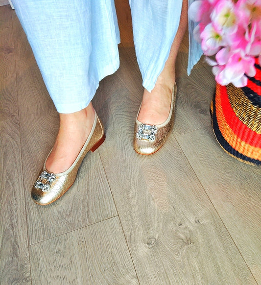 MLV PORTUGUESE SHOES Ladies Rosa03 Golden Italian Soft100% Leather Ballet Flats Size 39 Gold