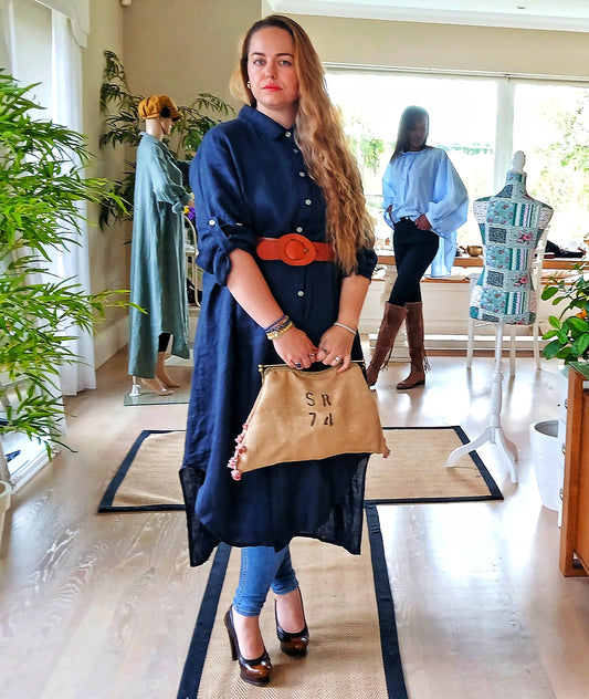 LINEN AND COTTON HOUSE Boho Long Sleeve Maxi Ladies Shirt Dress in 100% Linen Spring Summer Clothing BLACK