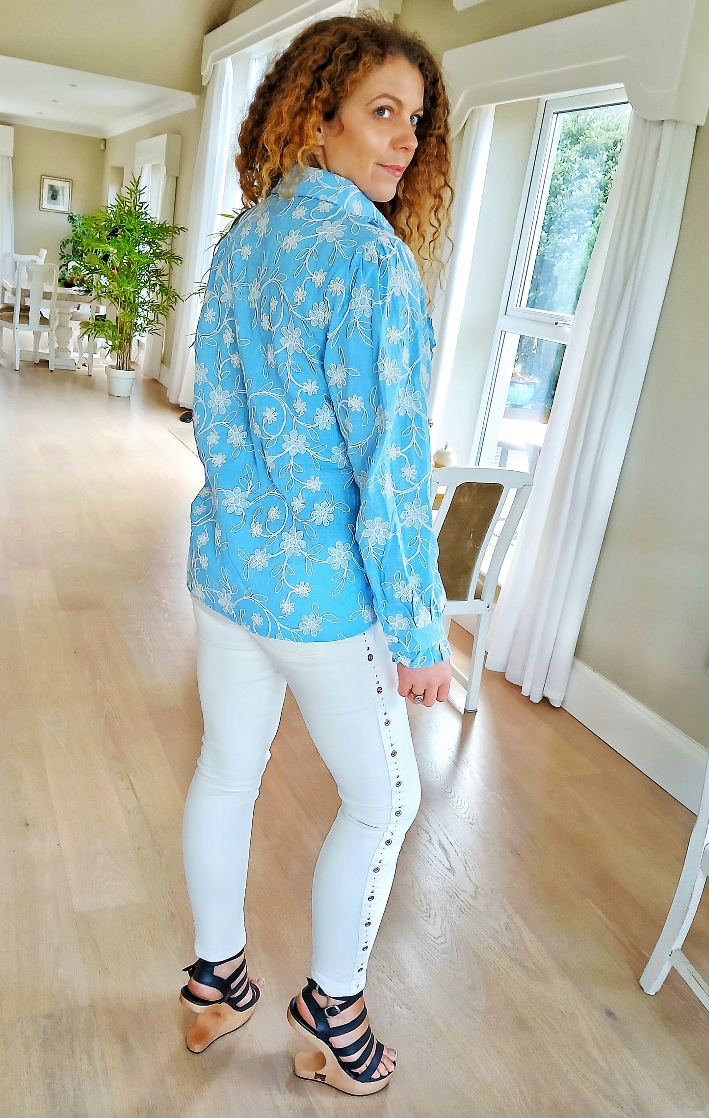 Beautiful Sky Blue Beautifully Embroidered 1Women 100% Cotton Shirt with Ruffles Free Size
