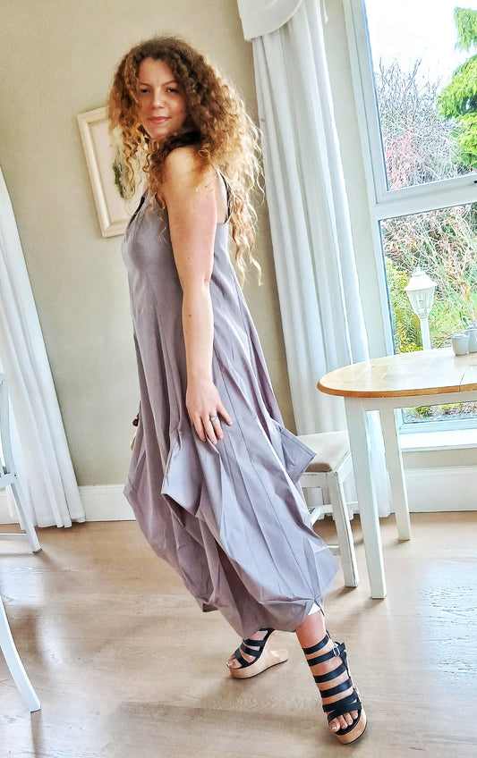 100% Cotton Iconic and Stylish Strapped Sleeveless Asymmetrical Dress with Cage Straps Grey Large Size