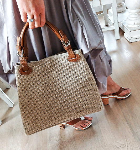 FIRENZE ARTEGIANI Gorgeous Emanuela Women's 100% High Quality Italian Leather Tote Bag. Genuine Leather Suede Engraved Geo surface. White Bag -Tan Straps
