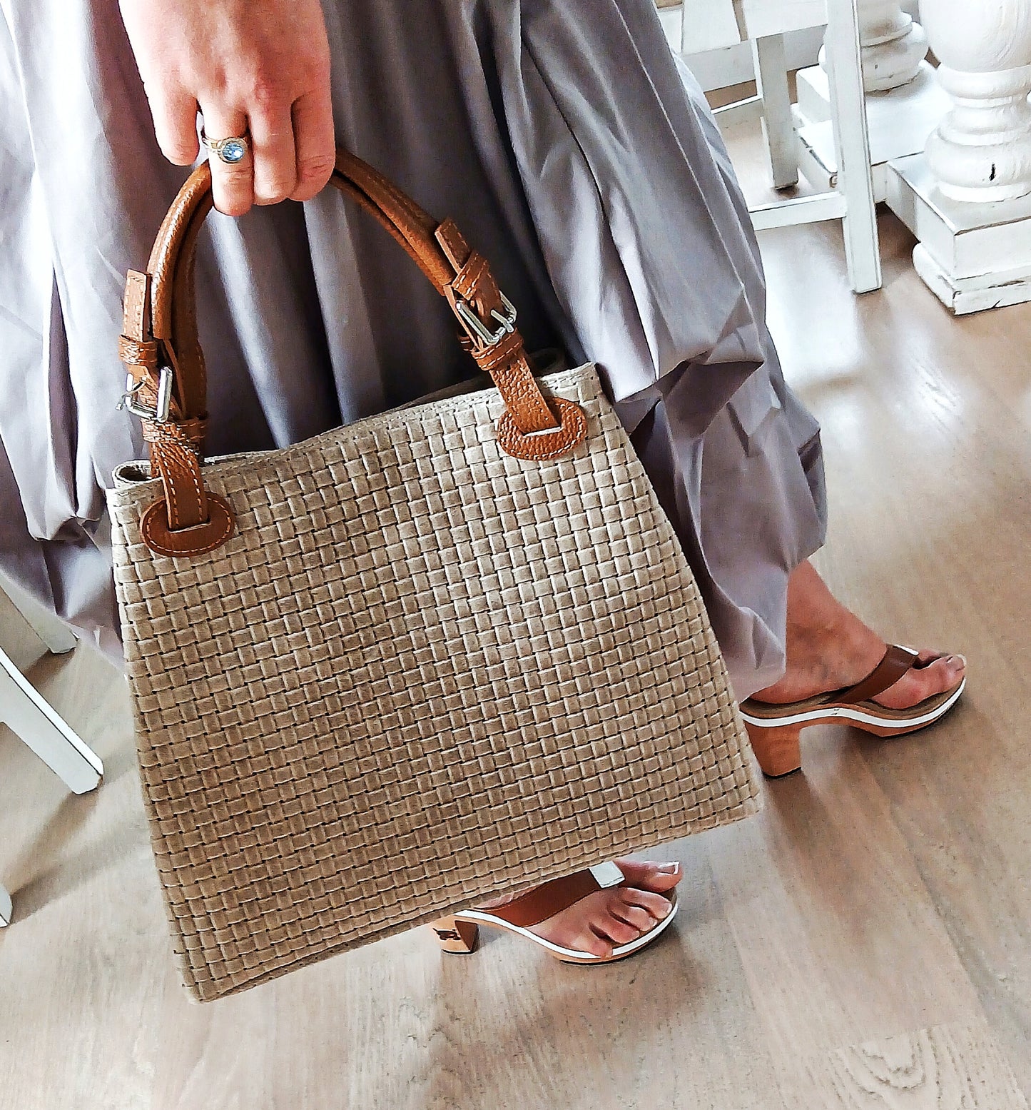 Godeberta Beautiful Women's Tote Bag. 100% Real Italian Genuine Leather. Python Skin Style Black & Grey Bag. Tan Straps