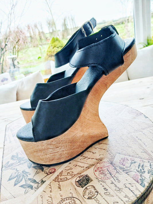 OMES Statement Piece. Legendry Wood Clog Sandals S1: Lady Gaga Style Heelless Sculpted Wooden Wedge Mule in Stylish Brown