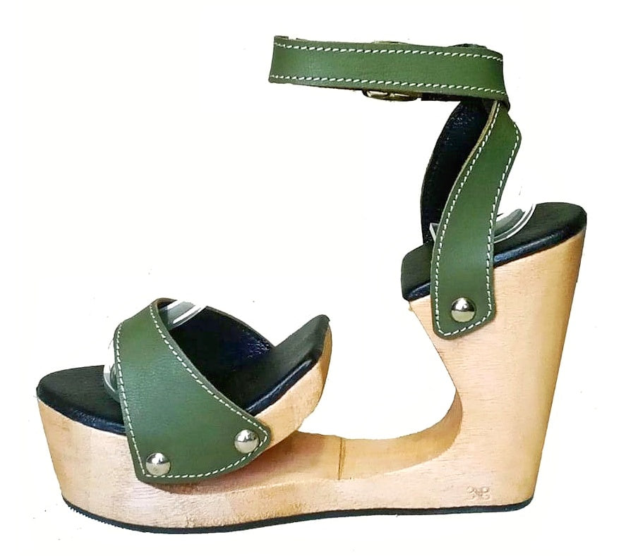 The Fabulous Bridge Wood Platform and Leather Sandals Handcrafted Carved Wooden Heel Leather Mules, Green