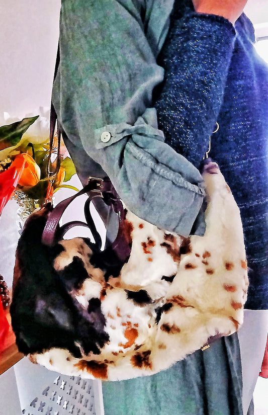 A Lovely Zhade Pure Handmade Italian Leather craftsmanship and decorative Faux Fur Animal Print overlay Tote Bag BROWN