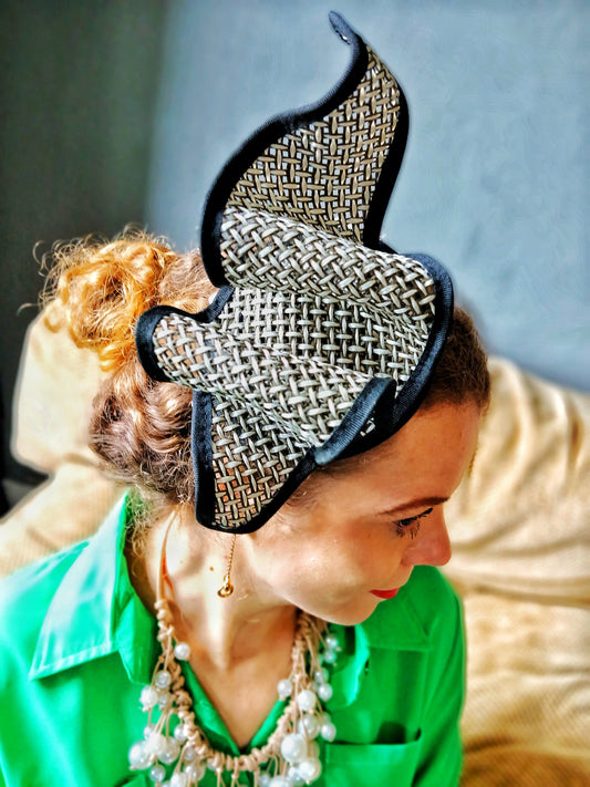 Metallic Mesh Styled Cute Bespoke Sculptured Fascinator - Black and Cream