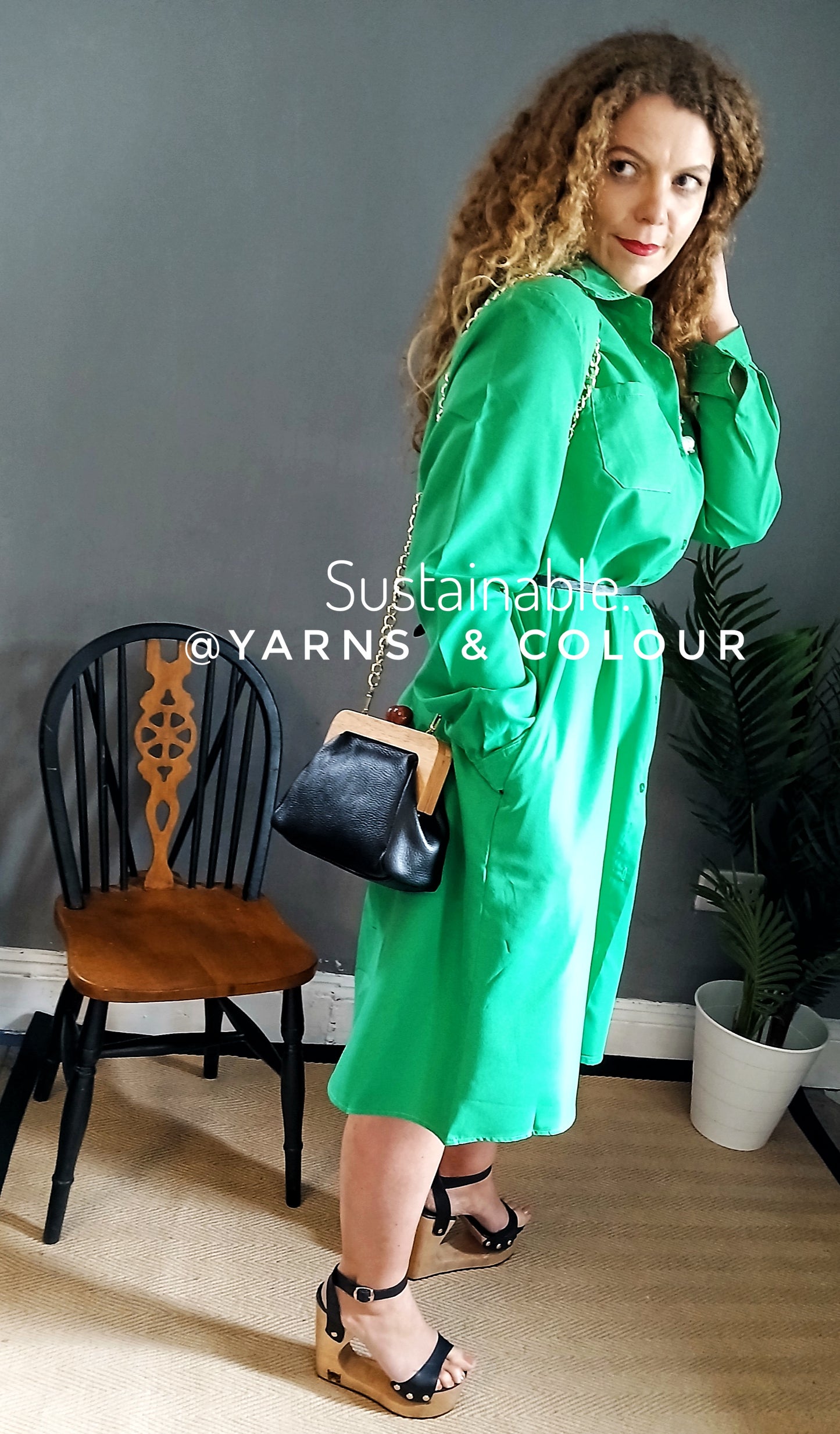 Simple Long Sleeves Solid Color Lapel Midi Dress - Green