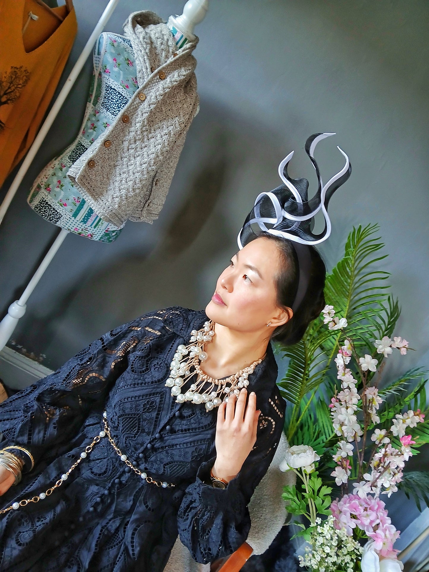 Bespoke Tall Flame Style Fascinator By Fillies Collection - Black and White