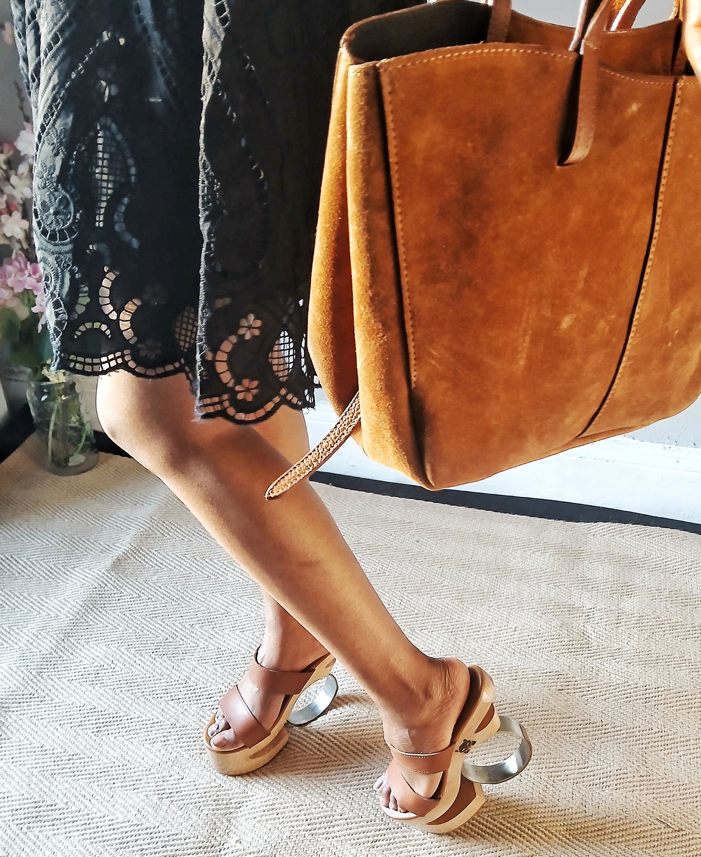 Metal: Round Iron Heels Wooden clog Platform, Show Stopper, Tan Brown Leather Straps