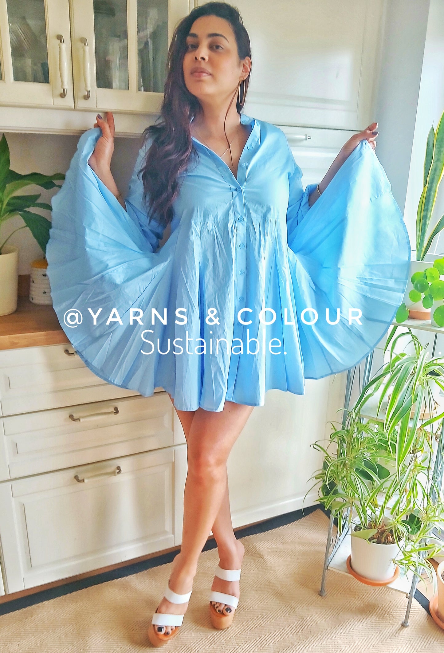 A Cute Flared Short Dress 100% Cotton - Sky Blue with small Bishop long sleeve