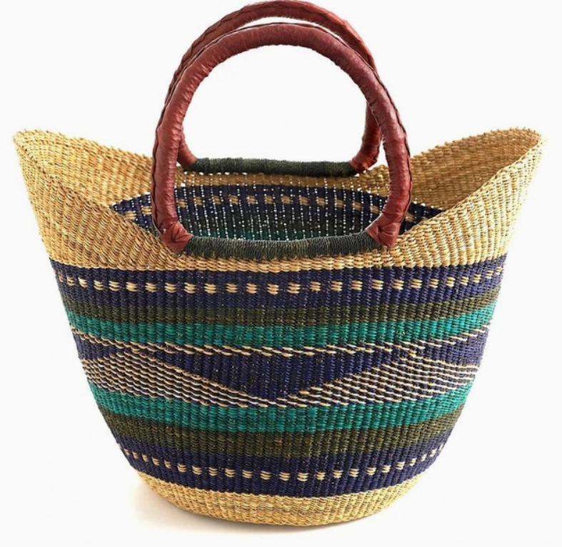 Large Red Multi Colours Bolga Handmade Durable Grass Rafia U shaped light Weight Shopping Basket