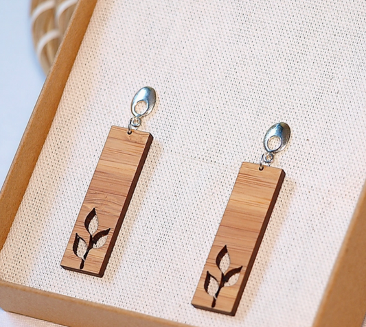 MONAI Beautiful Geometric Rectangular Natural Bamboo Leaves Wooden Earrings