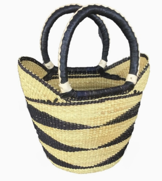 Medium Green, Yellow & Blue Multi Colour U-Shopper Ghana Bolga Tote Bag/Basket