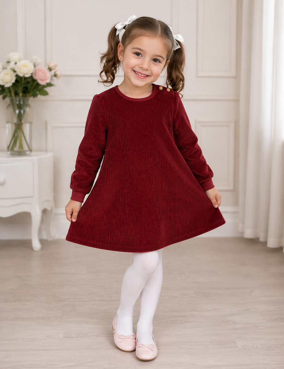 100% Organic Cotton Kids Long Sleeve Girly corduroy party dress. Navy Blue