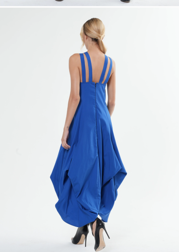 100% Cotton Iconic and Stylish Strapped Sleeveless Asymmetrical Dress with Cage Straps Grey Large Size