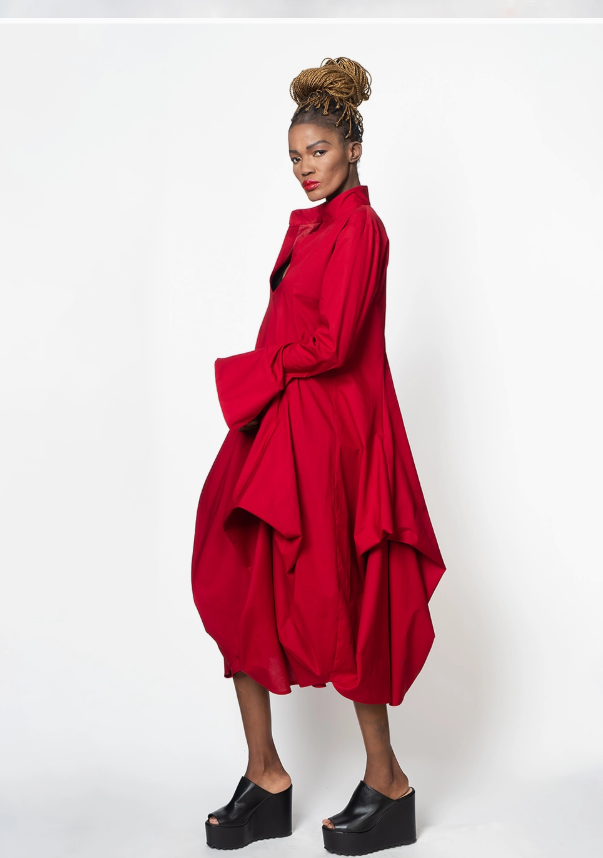 Metamorphosa Unique Long Sleeved Red Draping Shirt Dress Size@ Large