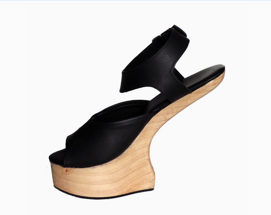 OMES Statement Piece. Legendry Wood Clog Sandals S1: Lady Gaga Style Heelless Sculpted Wooden Wedge Mule in Black