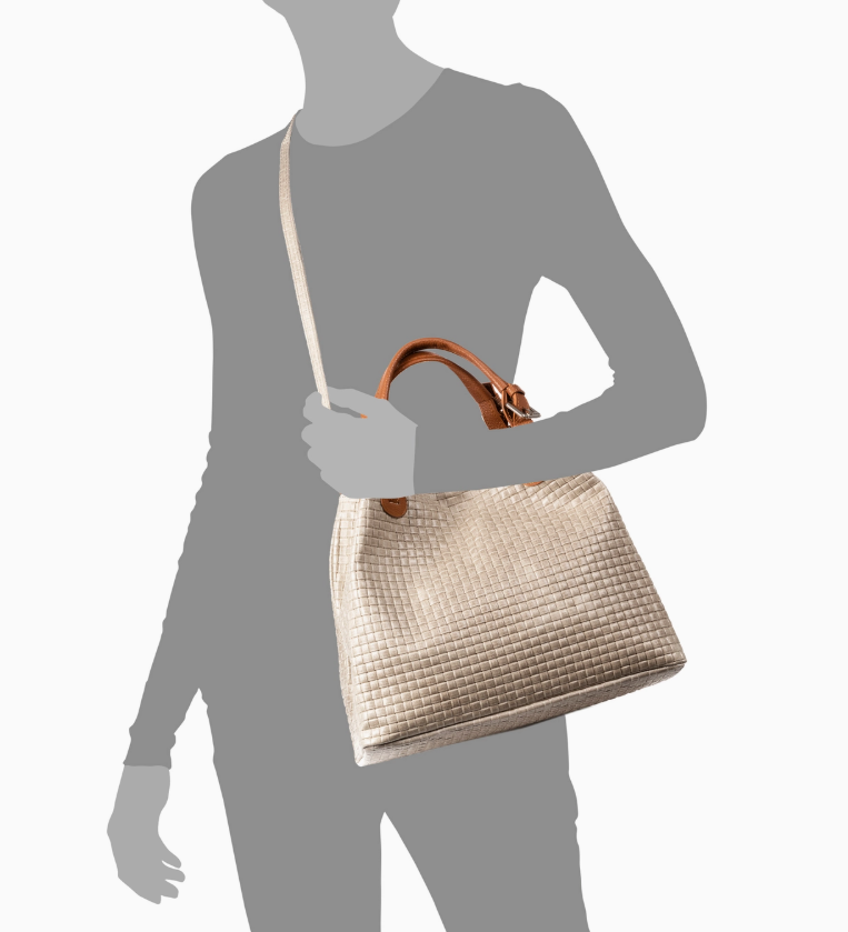 FIRENZE ARTEGIANI Gorgeous Emanuela Women's 100% High Quality Italian Leather Tote Bag. Genuine Leather Suede Engraved Geo surface. White Bag -Tan Straps