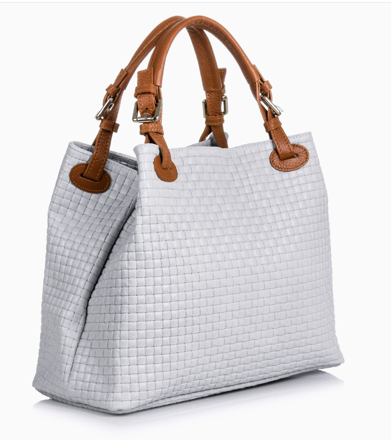 Emanuela Beautiful Women's Tote Bag. Genuine Italian Leather Engraved surface. White Bag and Tan Brown Leather Straps