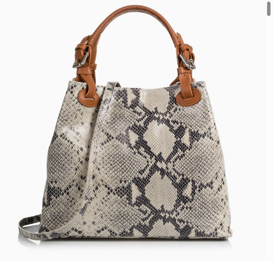 Godeberta Beautiful Women's Tote Bag. 100% Real Italian Genuine Leather. Python Skin Style Black & Grey Bag. Tan Straps