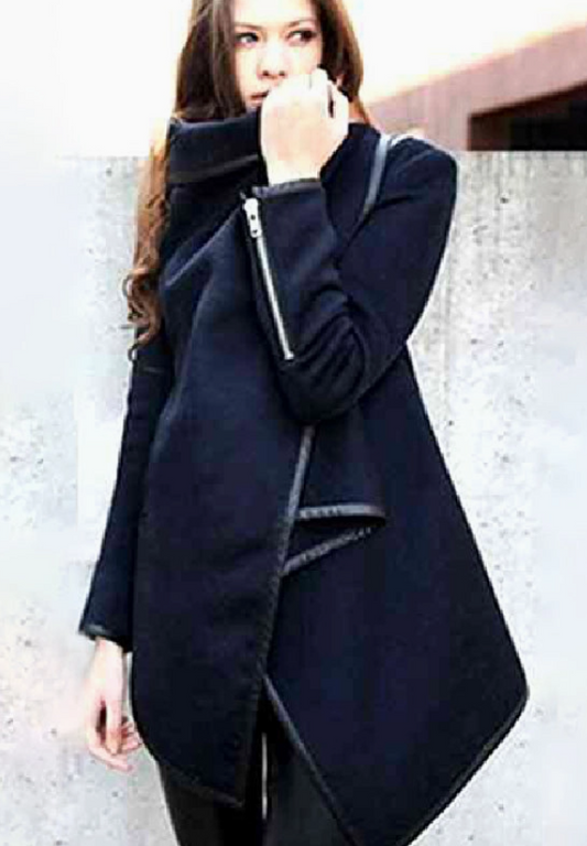 Original Stylish Asymmetric Handkerchief Design Split-Joint High-Neck Black Warm Coat