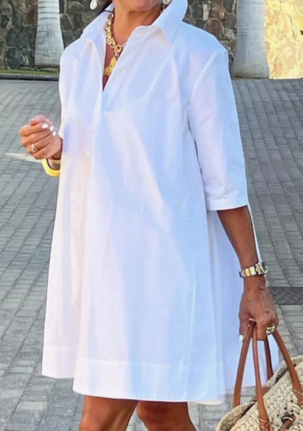 Cute Half Sleeves Loose 100% Pure Cotton Solid Color Lapel Mini Dresses