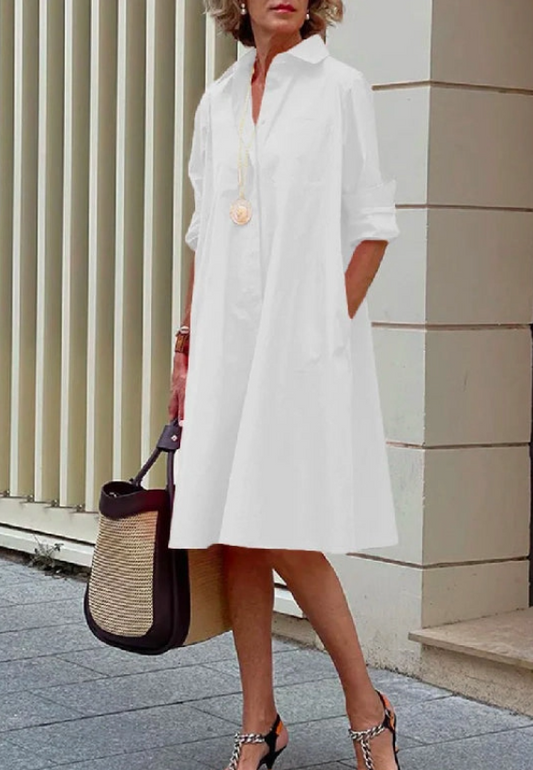 Simple Long Sleeves Solid Colour Lapel Midi Dress - WHITE