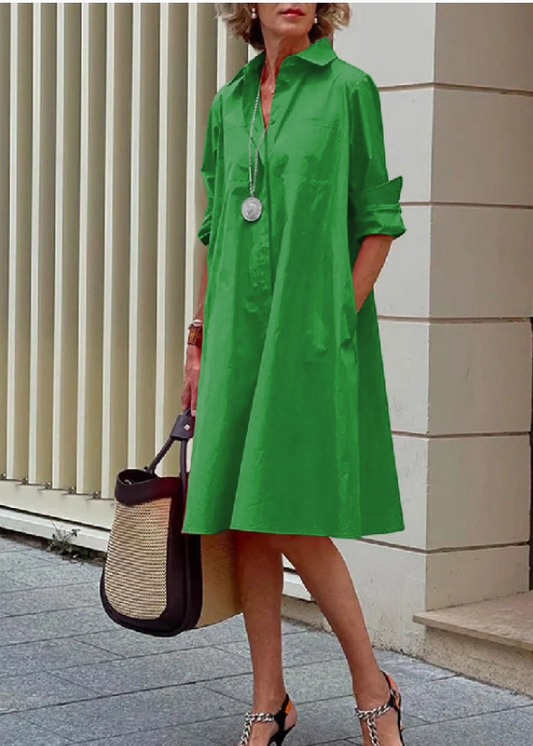 Simple Long Sleeves Solid Color Lapel Midi Dress - Green