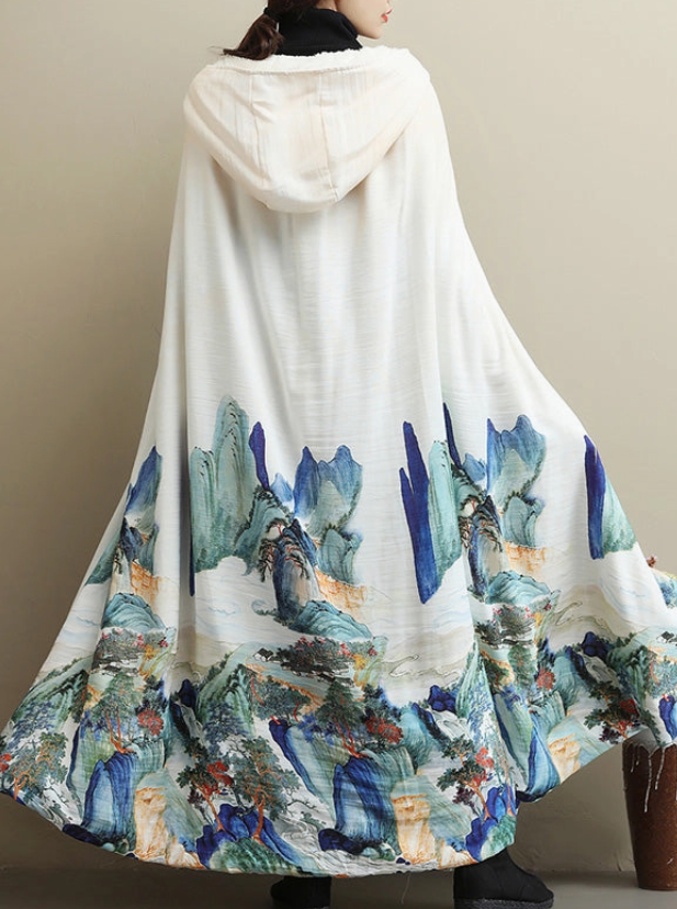 A Winter Favourite Unisex Thickened Vintage White Printed Maxi over Cape with Hood Free Size