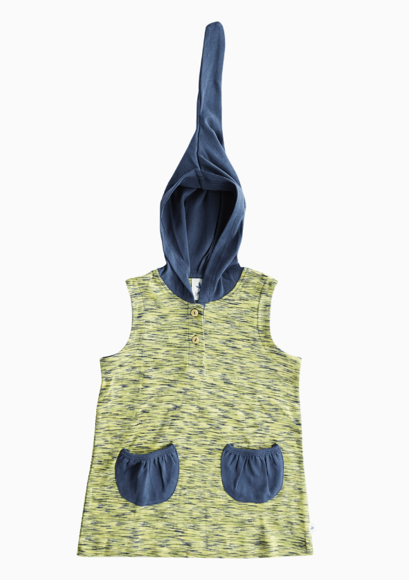 LEELA COTTON Indigo Lion Baby Organic Cotton fairy Hood Tunic Dress Colour Yellow pockets