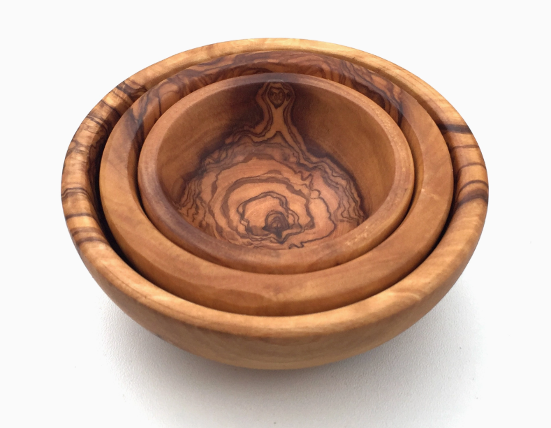 Set of 3 Small Round Bowls Made of Olive Wood