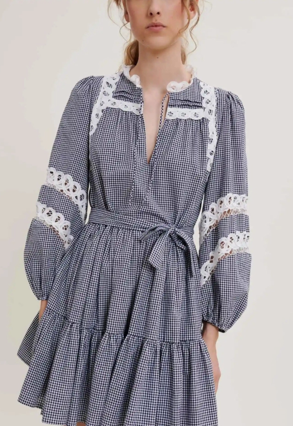 Lace-Trimmed Tiered Gingham Mini Dress 100% Cotton Cutie Ladies party Dress