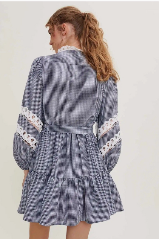 Lace-Trimmed Tiered Gingham Mini Dress 100% Cotton Cutie Ladies party Dress