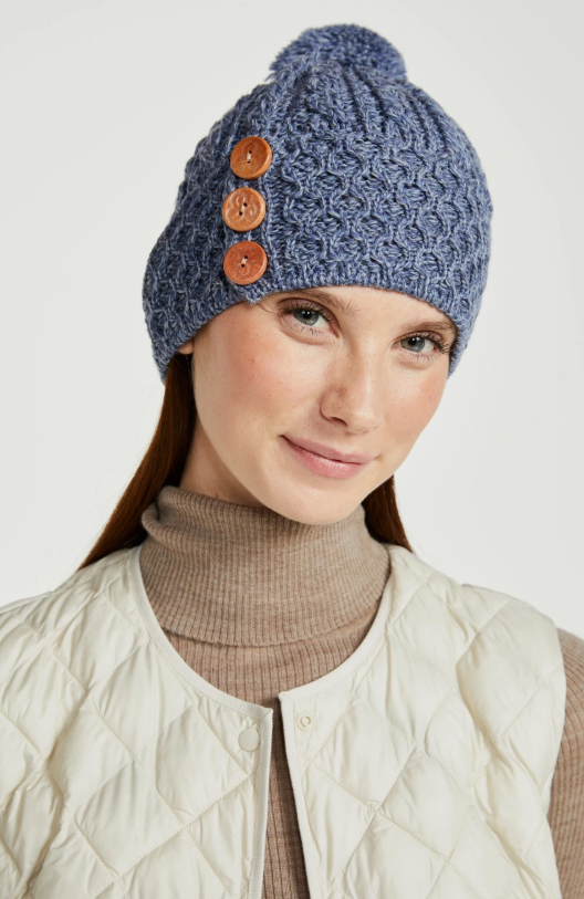 True Irish Shrule Aran Warm Beautiful Ladies Winter Hat with Pom Pom - Blue Denim Colour
