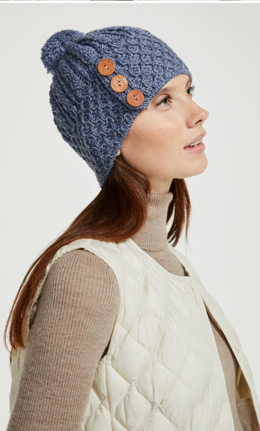 True Irish Shrule Aran Warm Beautiful Ladies Winter Hat with Pom Pom - Blue Denim Colour