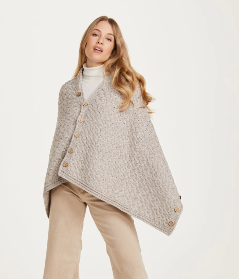 True Irish Aran 100% Hand knitted Wool Glenbeigh Aran Gorgeous Cosy ladies Cape - Oat