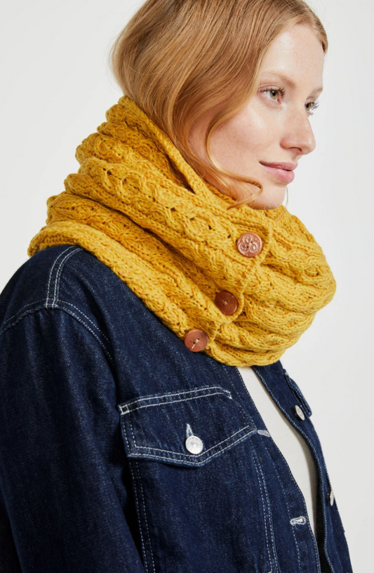 True Aran Irish ladies Kilmaine Aran Snood Scarf Pure Merino Wool Beautifully Hand Knitted with Buttons - Yellow