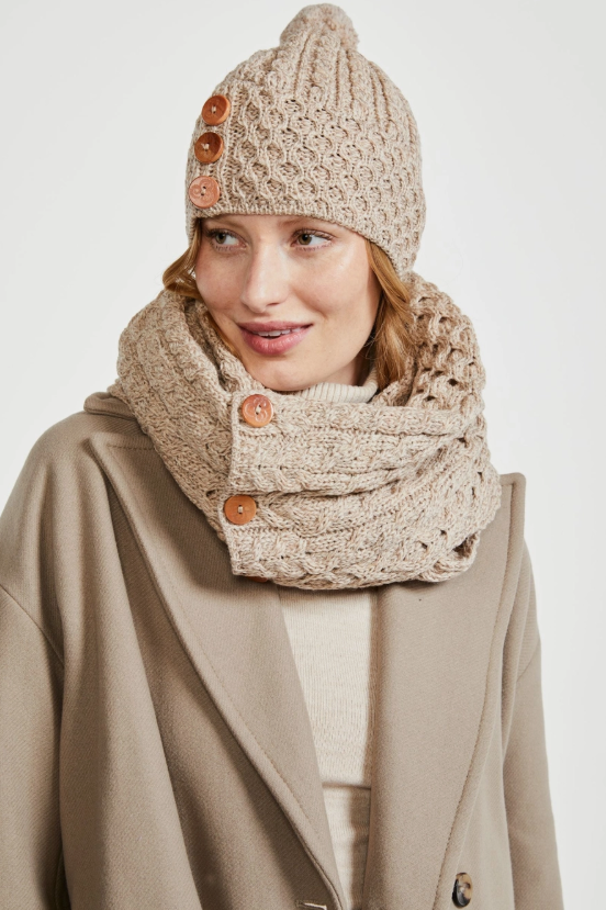 Shrule Aran Hat with Pom Pom True Irish Aran Hand knitted 100% Merino Wool Beautiful Ladies Winters Hat - Beige Oat