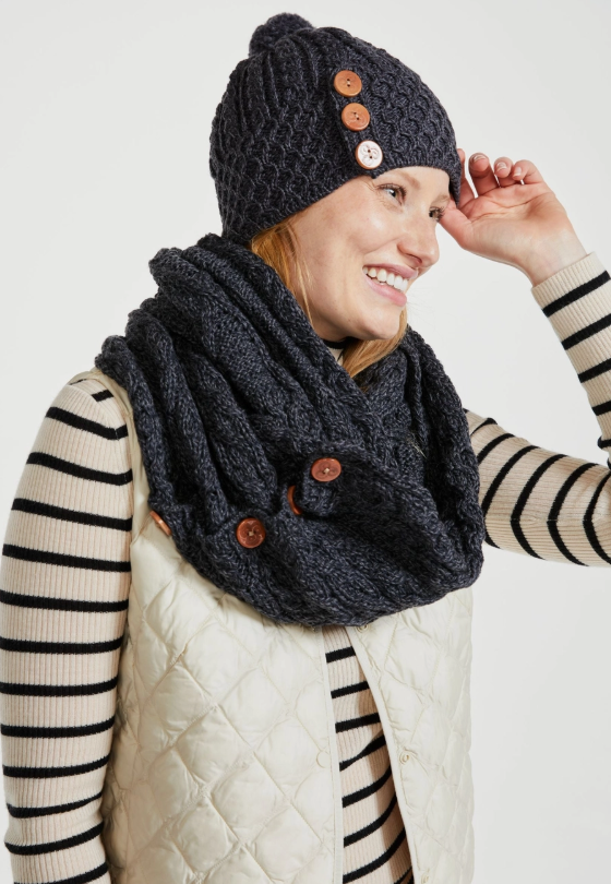 Shrule Aran Beautiful 100% Merino Wool Ladies Hat with Pom Pom - Charcoal Grey