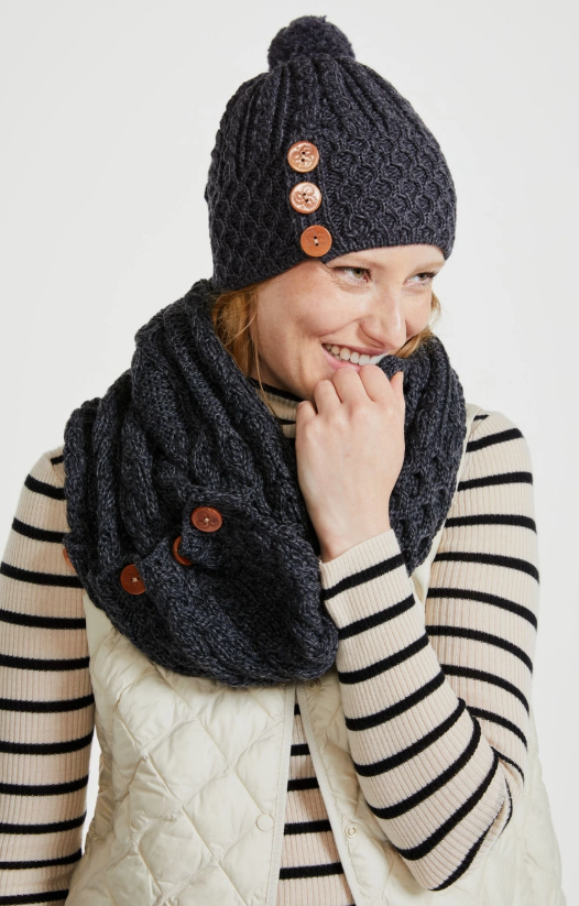 Kilmaine Aran True Irish 100% Merino Wool Snood Scarf with Buttons - Charcoal