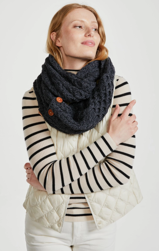 Kilmaine Aran True Irish 100% Merino Wool Snood Scarf with Buttons - Charcoal