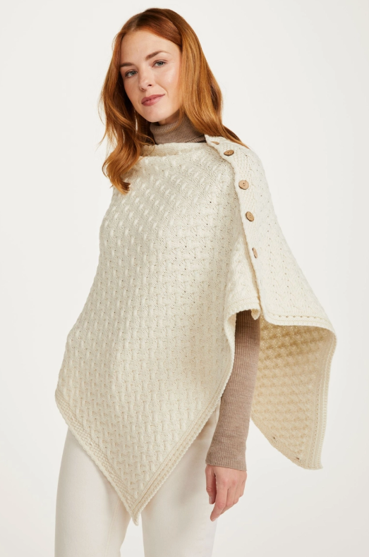 IRISH GLENBEIGH ARAN Pure 100% Irish Wool CAPE - CREAM - One size