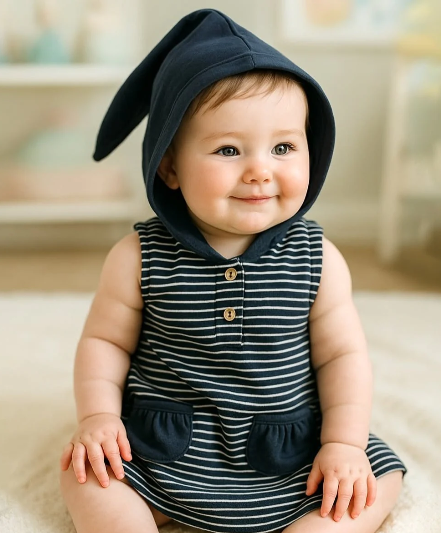 100% Organic Cotton Baby Tunic Dresses Indigo Lion Navy Stripped Gold or Yellow Pockets