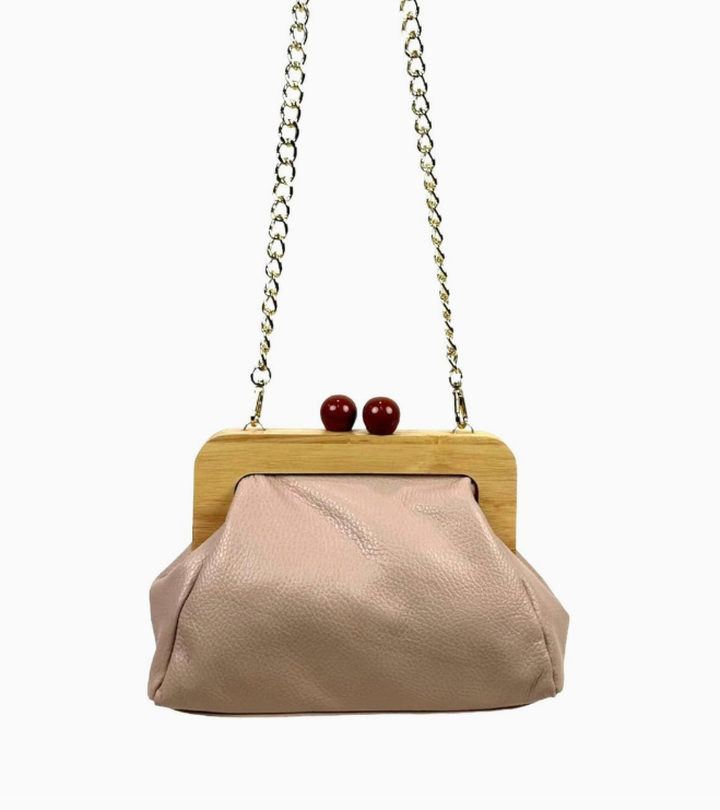 CHENSON & GORETT Women's Black Italian Leather Bag with Click Closure in Wood