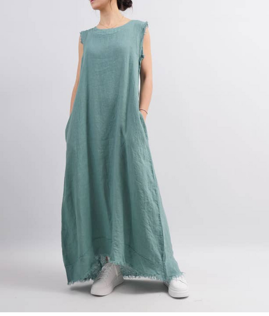 CECILE WANG Maxi Long 100% Linen Italian Made Sleeveless Dress Colour ORANGE