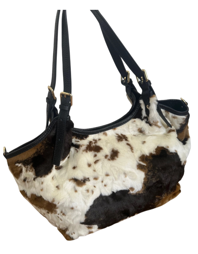 A Lovely Zhade Pure Handmade Italian Leather craftsmanship and decorative Faux Fur Animal Print overlay Tote Bag BROWN